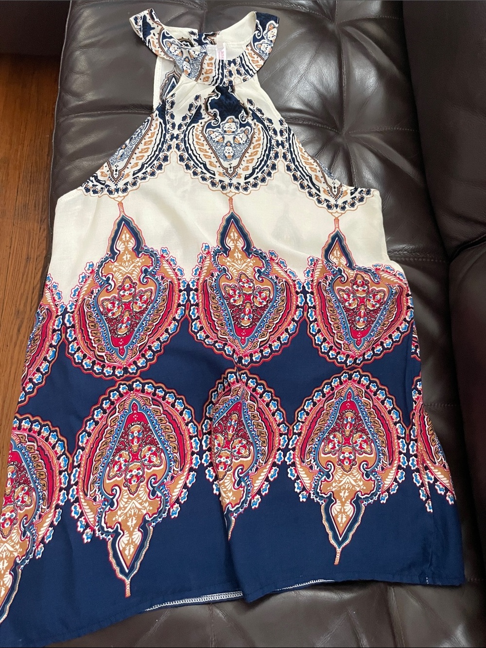 Sleeveless Halter Top in Navy, Cream & Multicolor Paisley